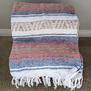 Mexican Blanket Blue Coral Tan Falsa Yoga Blanket Handmade Neutral Boho Decor